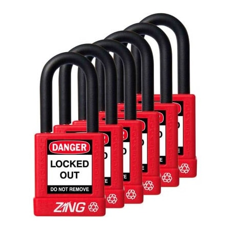 ZING RecycLock Safety Padlock, Keyed Alike, 1-1/2 Shackle, 1-3/4 Body, Red, 6 Pack, 7063
